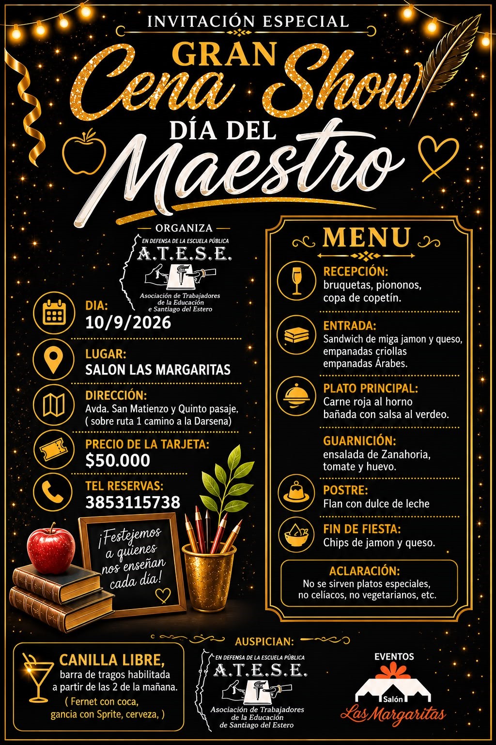 Invitaci&oacute;n Gran Cena Show por el D&iacute;a del Maestro, 10 de septiembre de 2026, Sal&oacute;n Las Margaritas